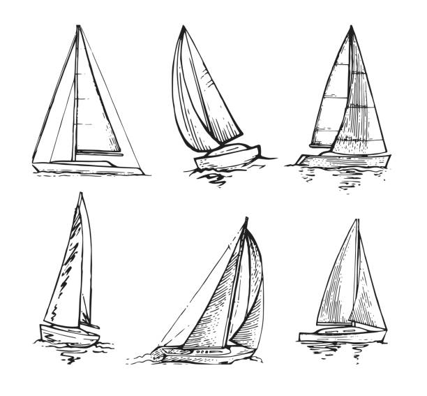 Set of sailing yacht floats on waves. Small ship for recreation and travel. Outline sketch. Hand drawing isolated on white background. Vector Set of sailing yacht floats on waves. Small ship for recreation and travel. Outline sketch. Hand drawing isolated on white background. Vector. cartoon of a yacht art stock illustrations