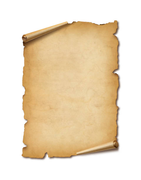 istock Old mediaeval paper sheet. Parchment scroll isolated on white with shadow 1365996650