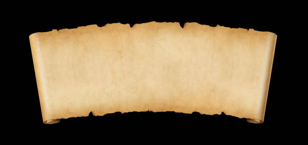 istock Old paper horizontal banner. Parchment scroll isolated on black 1365996657