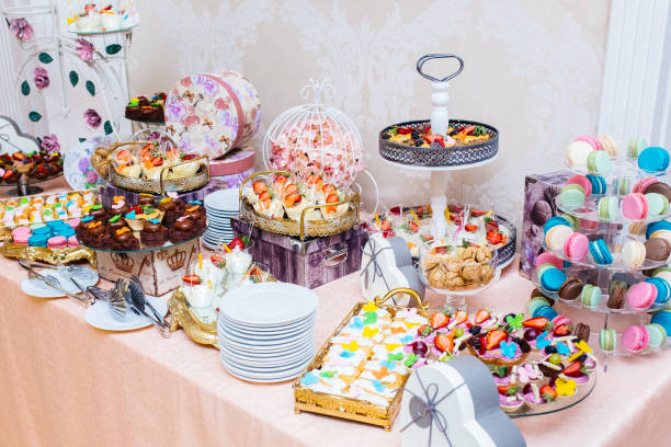 istock Wedding candy bar, beautiful and tasty cakes, macarons 1365996862