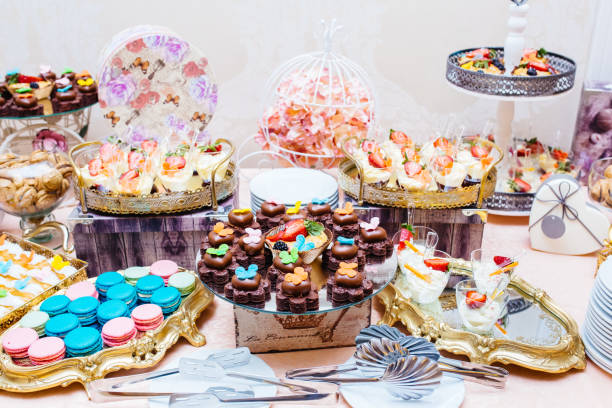 istock Wedding candy bar, beautiful and tasty cakes, macarons 1365996865