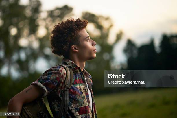 Portrait of mid 20s African-American man outdoors at dusk