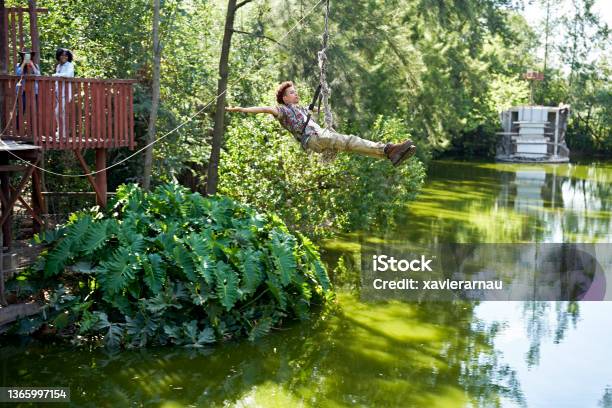 Friends Watching Young Man On Zip Line In Woodland Area Stock Photo - Download Image Now