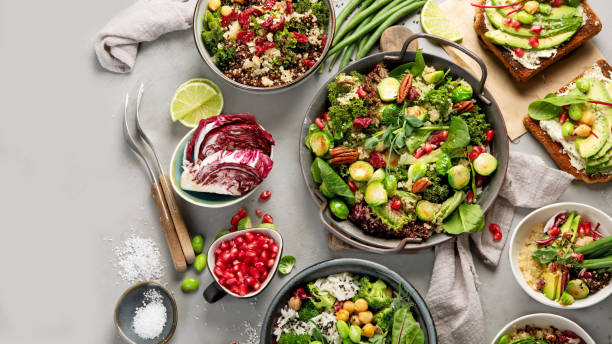 istock Vegan dishes assortment on gray background. 1365998407