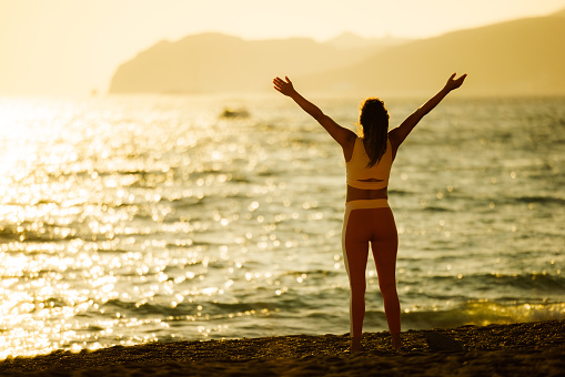 Back view of athletic woman standing on the beach with her arms raised at sunset. Copy space.