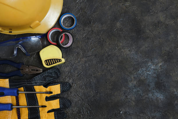 istock Set of construction, installation tools and protective equipment. 1365998646