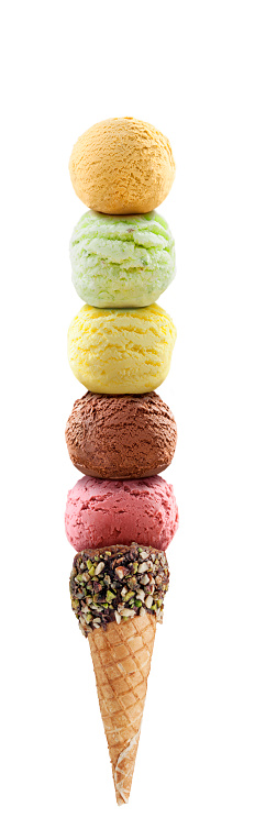 ice cream cone full of different ice cream balls