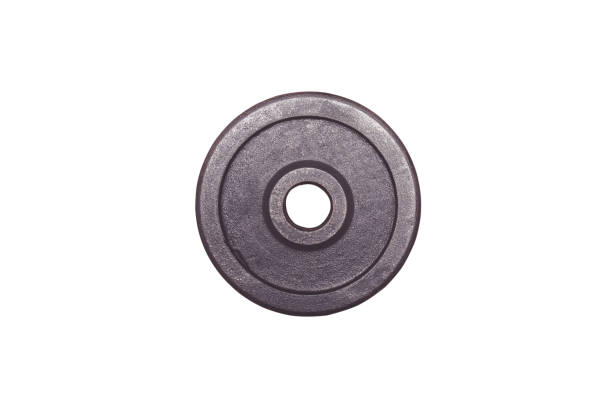 Weight for sport isolated on white background. Gym equipment black metal barbell tool plate for exercise and fitness. Dumbbell heavy concept. Top-down, Overhead and cut out