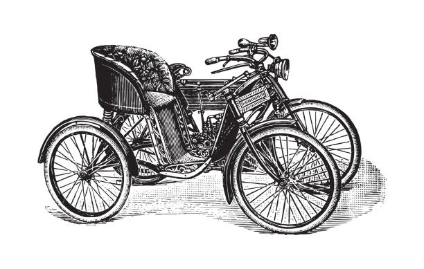 alter motorrad-beiwagen - vintage-illustration - sidecar motorcycle past old stock-grafiken, -clipart, -cartoons und -symbole