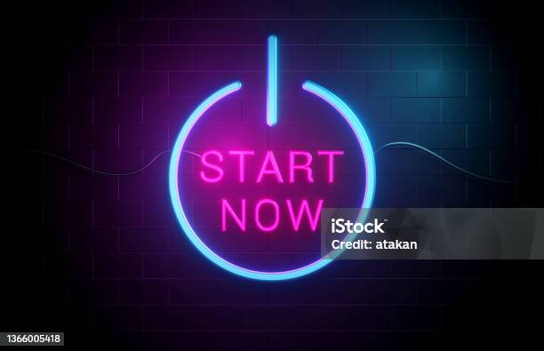 Start Now Neon Motivation Concept Stock Photo - Download Image Now - Beginnings, Urgency, Neon Lighting