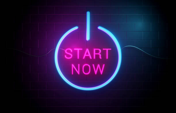 start now. neon motivation concept. - restarting imagens e fotografias de stock