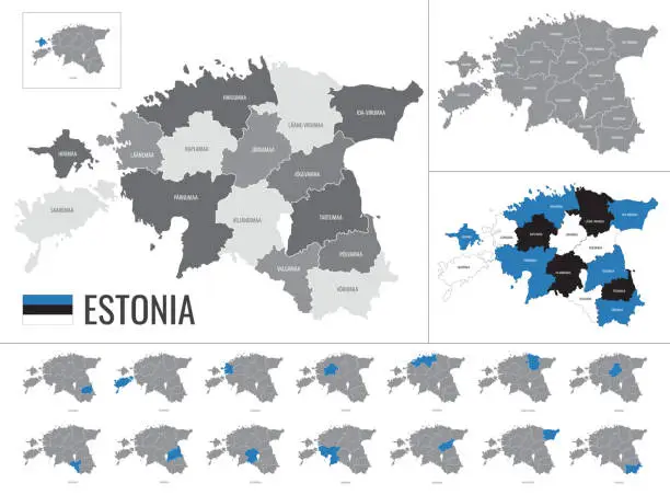 Vector illustration of Detailed vector map of regions of  Estonia with flag