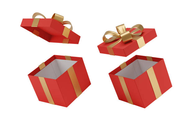 istock Black gift box tied with a gold ribbon. Opened white gift box. Red gift box isolated on white background. 1366006659