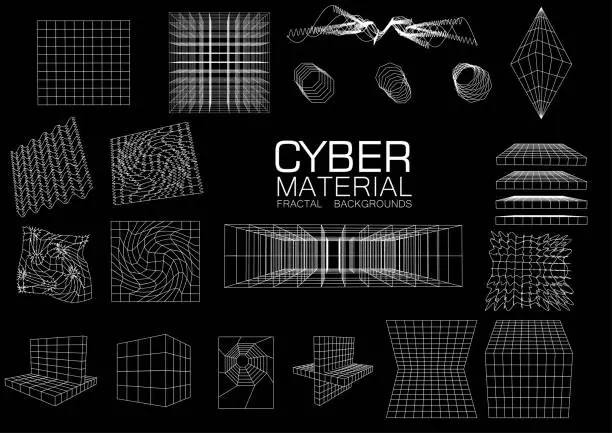 Vector illustration of set of retro futuristic cyber design elements,perspective grids