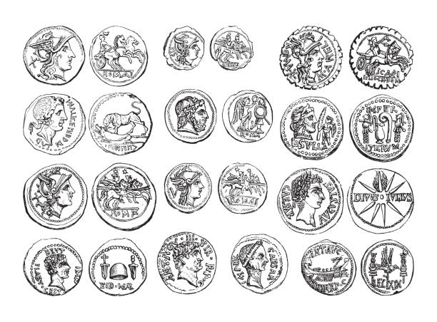 ilustrações, clipart, desenhos animados e ícones de coleção de moedas antigas - período romano / ilustração vintage - greek currency