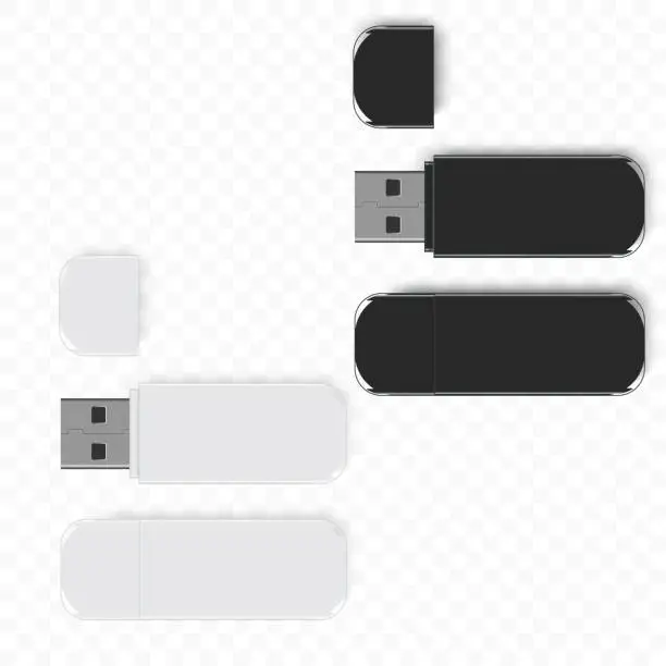 Vector illustration of Realistic white and black USB drive flash isolated on white. Vector