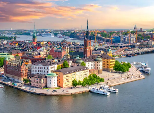 Stockholm old town (Gamla Stan) panorama from City Hall top at sunset, Sweden