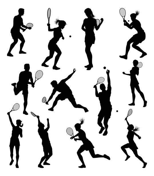 силуэт теннисисты спорт люди установить - silhouette tennis racket tennis racket stock illustrations