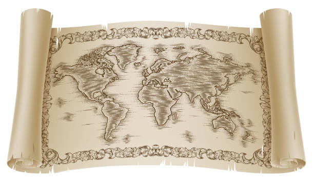 旧木版彫刻の巻物を描く世界地図 - tresure island点のイラスト素材／クリップアート素材／マンガ素材／アイコン素材