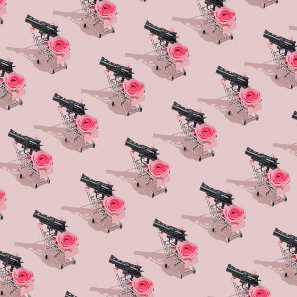 Valentine hate pattern with shopping cart, gun and pink rose on pastel background. Minimal trendy aesthetic.