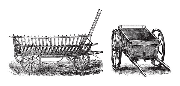 Vintage engraved illustration isolated on white background - Old wooden agriculture cart