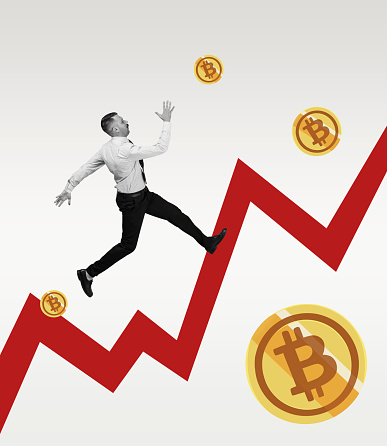 Young man, businessman running along cryptocurrency growth chart. Concept of earning, saving and investing money. Crypto currency, business, finance. Contemporary art collage