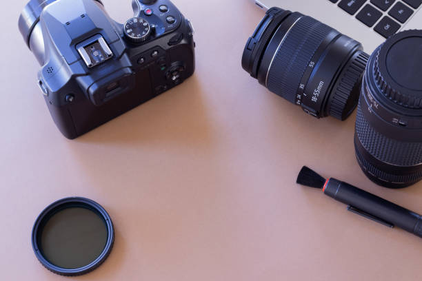 istock still life of photography objects on brown background 1366011728