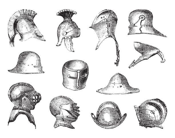 ilustraciones, imágenes clip art, dibujos animados e iconos de stock de colección cascos antiguos - ilustración vintage - medieval knight helmet suit of armor