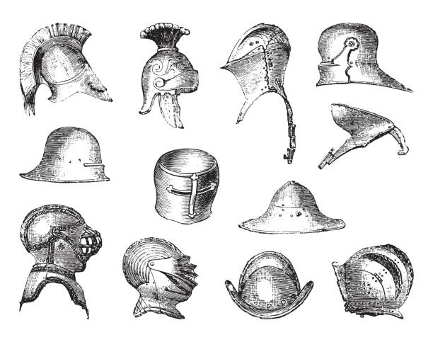 ilustrações de stock, clip art, desenhos animados e ícones de old helmets collection - vintage illustration - medieval knight helmet suit of armor