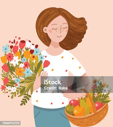 istock young woman holding bouquet of flowers and fruit basket 1366014233