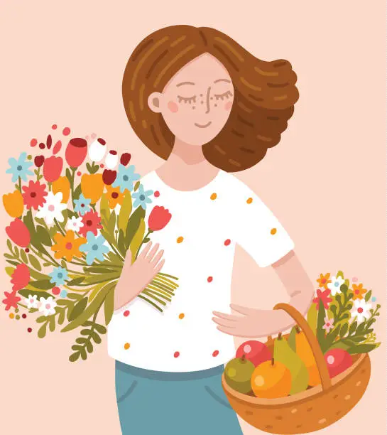 Vector illustration of young woman holding bouquet of flowers and fruit basket
