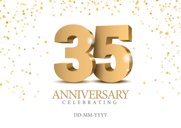 Anniversary 35. gold 3d numbers. Anniversary 35. gold 3d numbers. Poster template for Celebrating 35th anniversary event party. Vector illustration number 35 stock illustrations