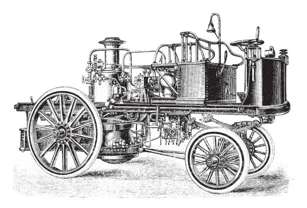 Vintage engraved illustration isolated on white background - Old fire brigade car or fire truck