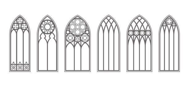 gotische fenster umriss-set. silhouette von vintage-buntglas-kirchenrahmen. element der traditionellen europäischen architektur. vektor - cathedral stock-grafiken, -clipart, -cartoons und -symbole