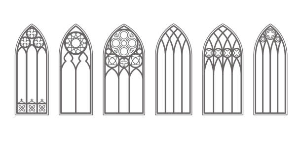 Gothic windows outline set. Silhouette of vintage stained glass church frames. Element of traditional european architecture. Vector Gothic windows outline set. Silhouette of vintage stained glass church frames. Element of traditional european architecture. Vector illustration church borders stock illustrations