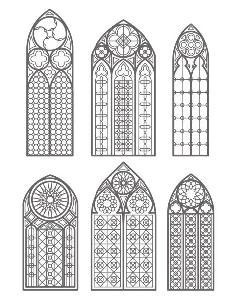 ilustraciones, imágenes clip art, dibujos animados e iconos de stock de conjunto de contornos de ventanas góticas. silueta de marcos de iglesia de vidrieras vintage. elemento de la arquitectura tradicional europea. vector - cathedral group