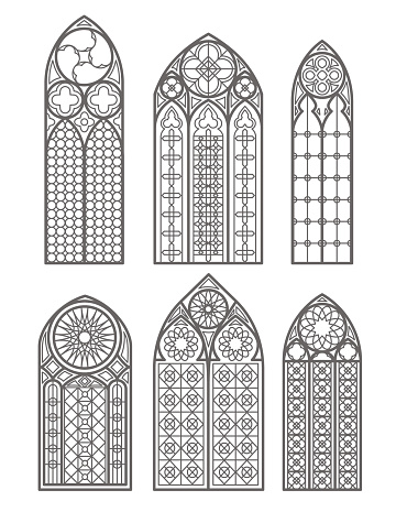 Gothic windows outline set. Silhouette of vintage stained glass church frames. Element of traditional european architecture. Vector illustration