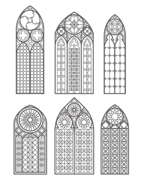 Vector illustration of Gothic windows outline set. Silhouette of vintage stained glass church frames. Element of traditional european architecture. Vector