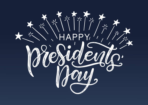 Happy Presidents' day typography poster in USA flag colors decorated by fireworks and stars. Modern brush calligraphy  Happy President day as a greeting card, postcard, banner, poster, tag. Vector illustration presidents day logo stock illustrations