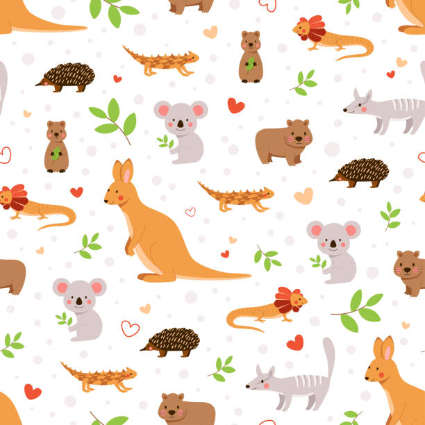 Cute vector cartoon pattern with baby animals. Childish seamless background Cute vector cartoon pattern with baby animals. Childish seamless background with fauna of Australia - funny kangaroo, koala, echidna, wombat and lizards wombat stock illustrations