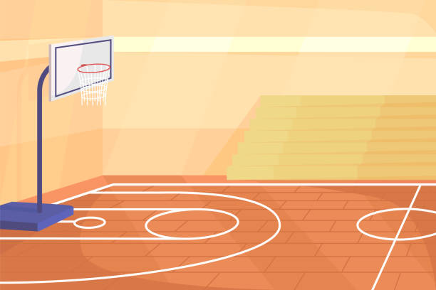 ilustraciones, imágenes clip art, dibujos animados e iconos de stock de escuela gimnasio plano color ilustración vectorial - basketball court