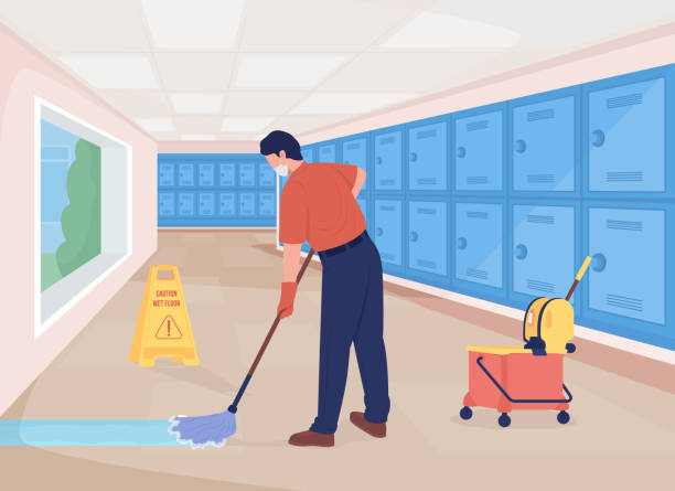 Cleaning school hall flat color vector illustration Cleaning school hall flat color vector illustration. Cleaner on sweeping job. Cleansing passageway. Janitor mopping floor 2D cartoon character with lockers row corridor on background school cleaning stock illustrations