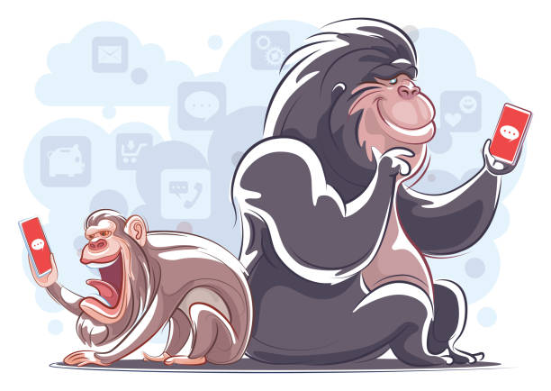 ilustrações de stock, clip art, desenhos animados e ícones de chimpanzee and gorilla back to back communication via smartphone - telephone chimpanzee monkey on the phone