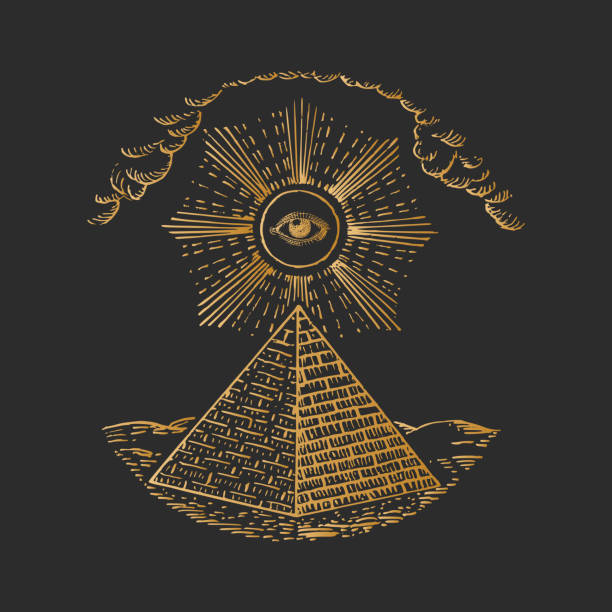 ilustrações de stock, clip art, desenhos animados e ícones de pyramid and eye of providence, vector illustration in engraving style. vintage pastiche of occult and freemasonry signs. drawn sketch of magical and mystical symbols. - an all seeing eye