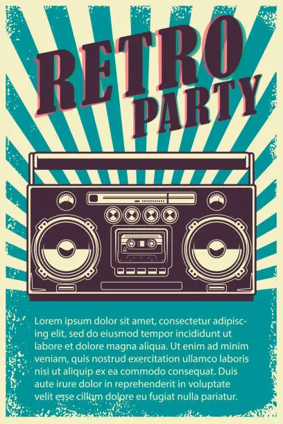 Vector illustration of Retro party. Poster template with retro style boombox. Design element for banner, sign, flyer. Vector illustration