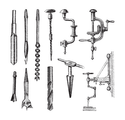 Vintage engraved illustration isolated on white background - Old drill collection