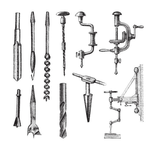 Old drill collection - vintage illustration Vintage engraved illustration isolated on white background - Old drill collection drill bit stock illustrations