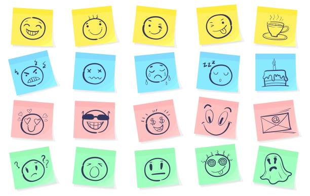 istock Sticky notes with smile. Emotion cards, sad or funny face on weekly paper note, happy memories for week calendar, good news post, drawn emoticons sticker, neat vector illustration 1366017659