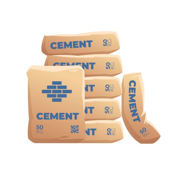 Cement Sacks. Pack bag cemented powder, sack with industry material for construction building, cementing masonry production, industrial bags, cartoon recent vector illustration Cement Sacks. Pack bag cemented powder, sack with industry material for construction building, cementing production, industrial bags, cartoon vector illustration. Package with cement, component powder cement bag stock illustrations