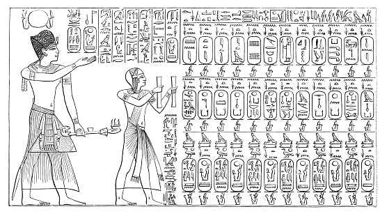 The Abydos King List, also known as the Abydos Table, is a list of the names of 76 kings of ancient Egypt, found on a wall of the Temple of Seti I at Abydos, Egypt. It consists of three rows of 38 cartouches (borders enclosing the name of a king) in each row. The upper two rows contain names of the kings, while the third row merely repeats Seti I's throne name and nomen.
Original edition from my own archives
Source : Mundo ilustrado 1880